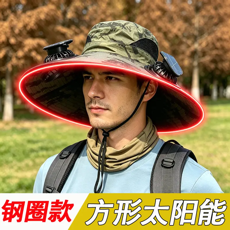 Solar Fan Sun Hat for Men, Summer Outdoor Fishing Sun Protection Large Brim Fisherman Hat, Camouflage Breathable Sun Protection Hat