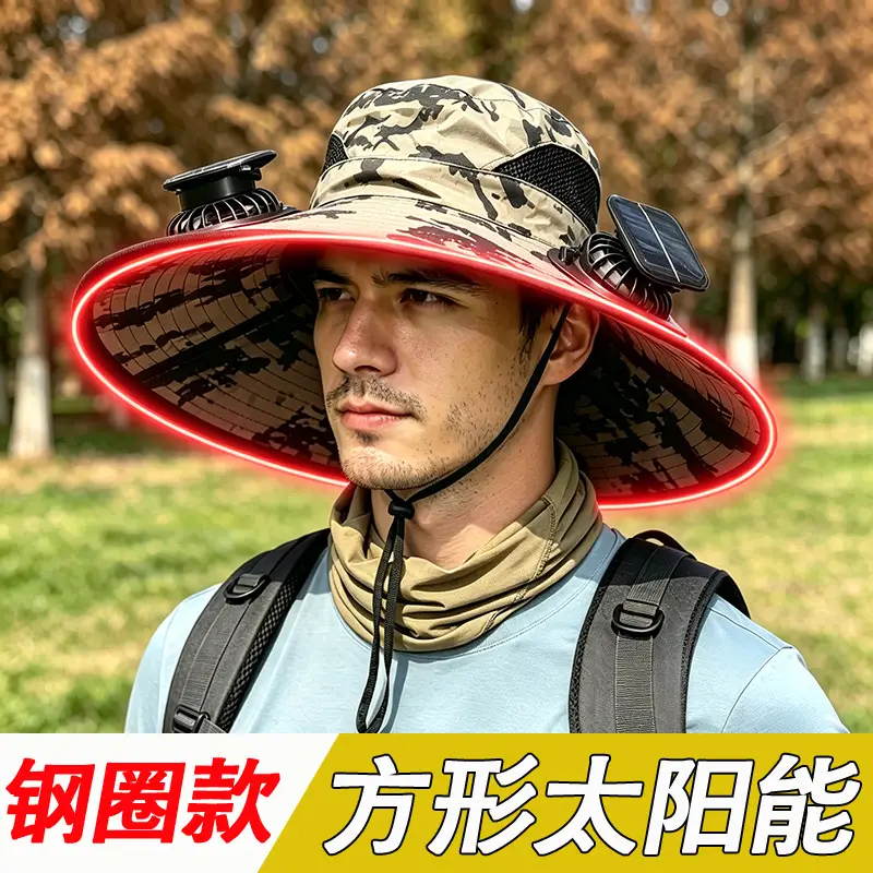 Solar Fan Sun Hat for Men, Summer Outdoor Fishing Sun Protection Large Brim Fisherman Hat, Camouflage Breathable Sun Protection Hat