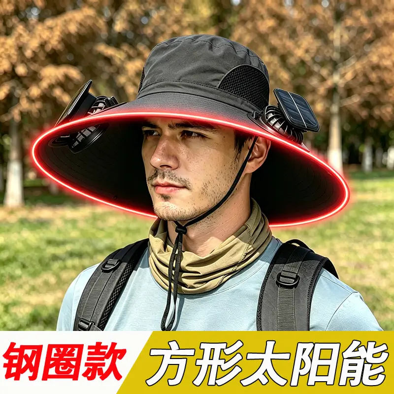 Solar Fan Sun Hat for Men, Summer Outdoor Fishing Sun Protection Large Brim Fisherman Hat, Camouflage Breathable Sun Protection Hat