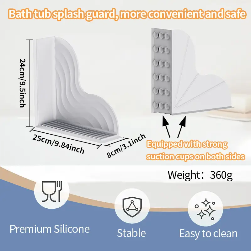 Silicone Bathtub Splash Guard with Suction Cup, Waterproof Shower Sink Splash Guard, Bathroom Splash Shield