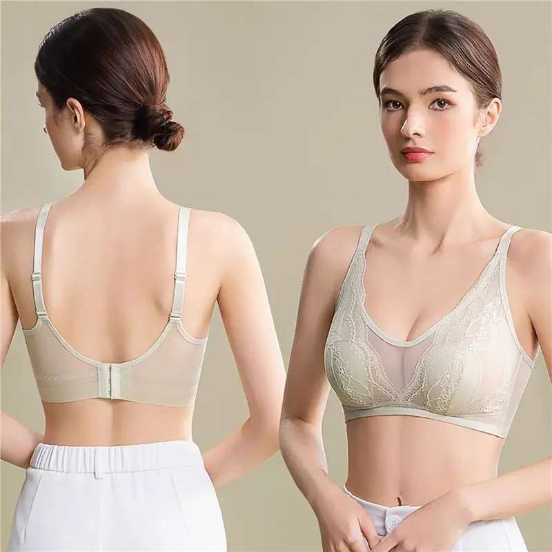 Wire-Free Rabbit Ear Style Ultra-Thin Lace Bra with Mesh Fabric, Silk Petals Cups, and a Natural Feel for Women