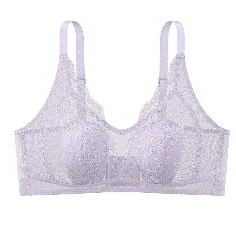 Wire-Free Rabbit Ear Style Ultra-Thin Lace Bra with Mesh Fabric, Silk Petals Cups, and a Natural Feel for Women