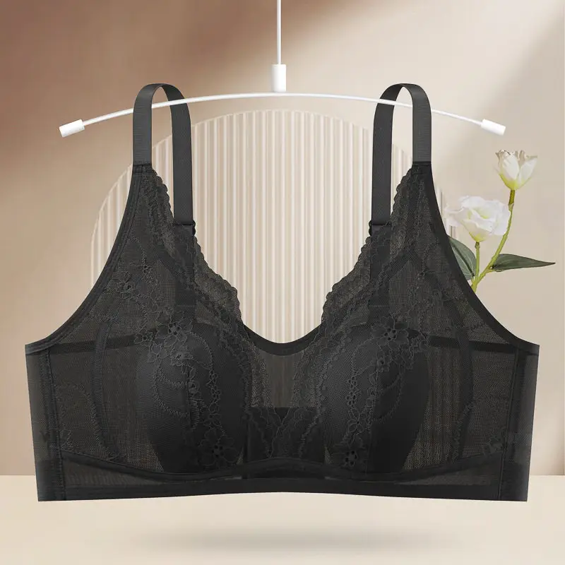 Wire-Free Rabbit Ear Style Ultra-Thin Lace Bra with Mesh Fabric, Silk Petals Cups, and a Natural Feel for Women