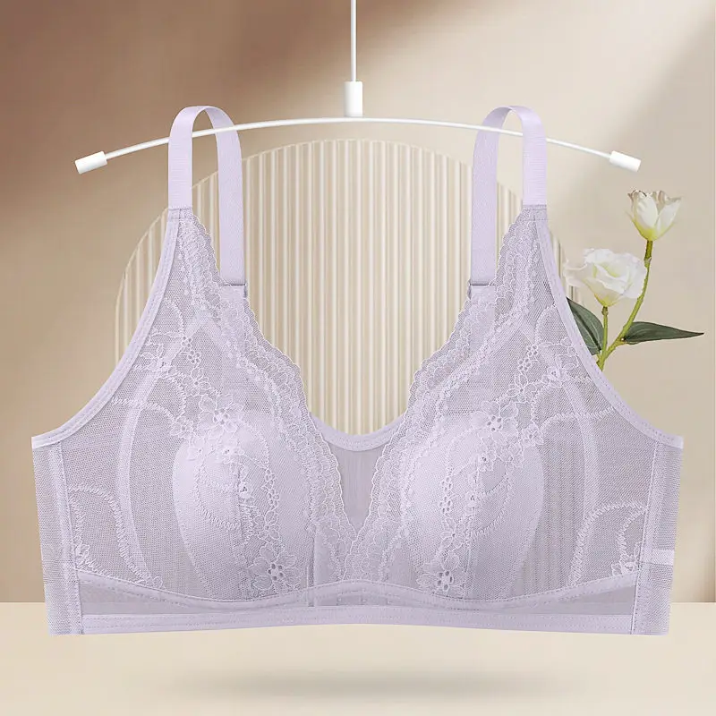 Wire-Free Rabbit Ear Style Ultra-Thin Lace Bra with Mesh Fabric, Silk Petals Cups, and a Natural Feel for Women