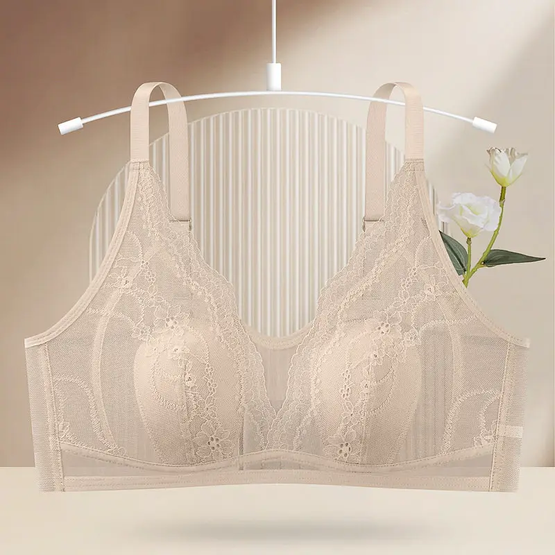 Wire-Free Rabbit Ear Style Ultra-Thin Lace Bra with Mesh Fabric, Silk Petals Cups, and a Natural Feel for Women