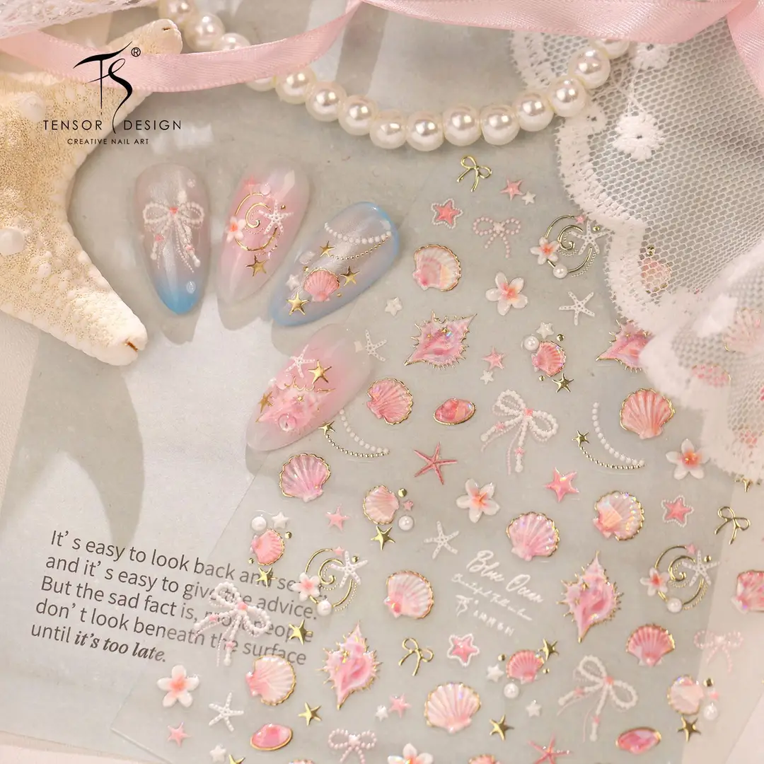 TENSOR's popular ocean pink shell nail art stickers TL-486, gentle ballet style, dazzling shell and conch designs