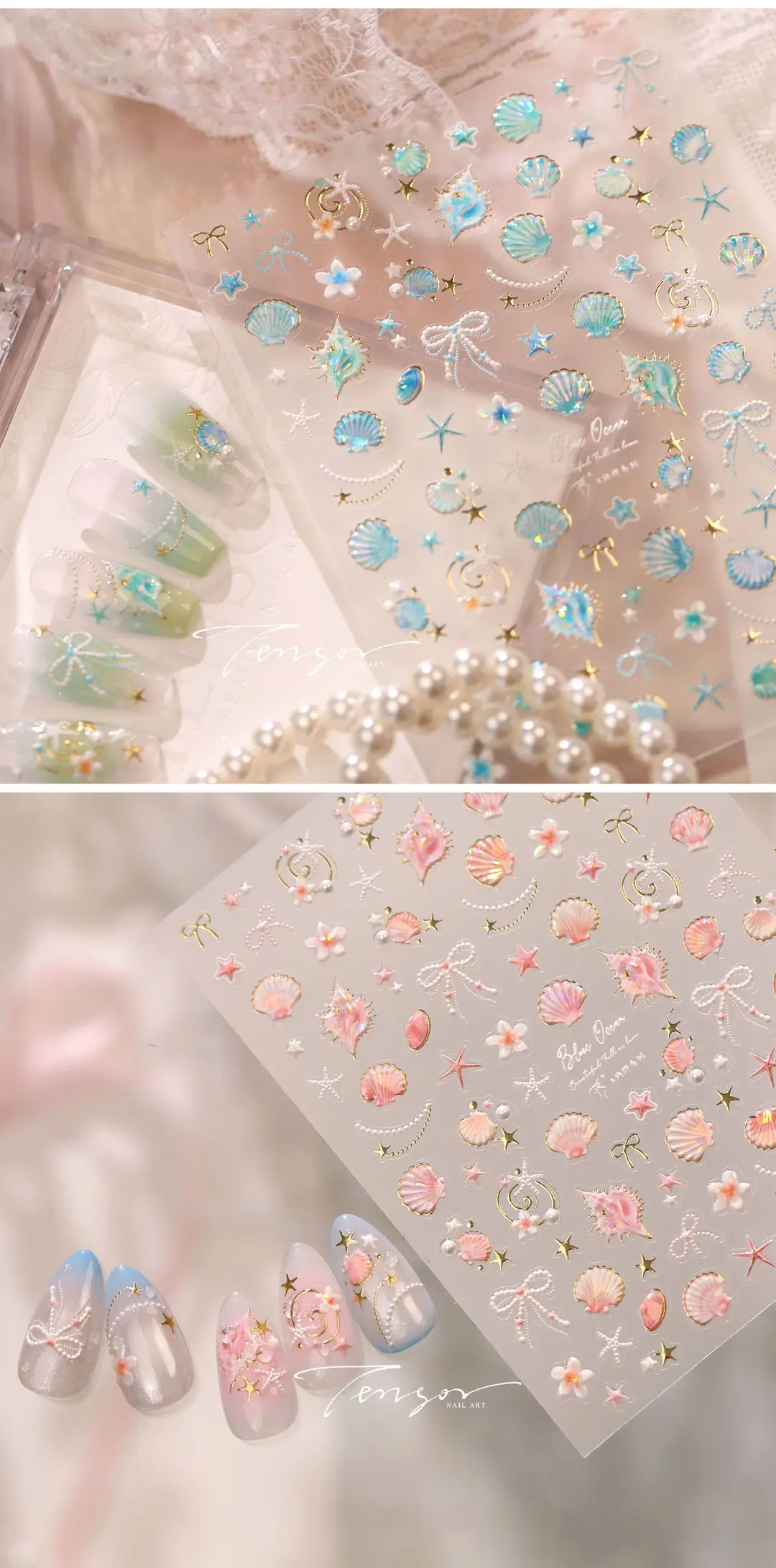 TENSOR's popular ocean pink shell nail art stickers TL-486, gentle ballet style, dazzling shell and conch designs — feature 10