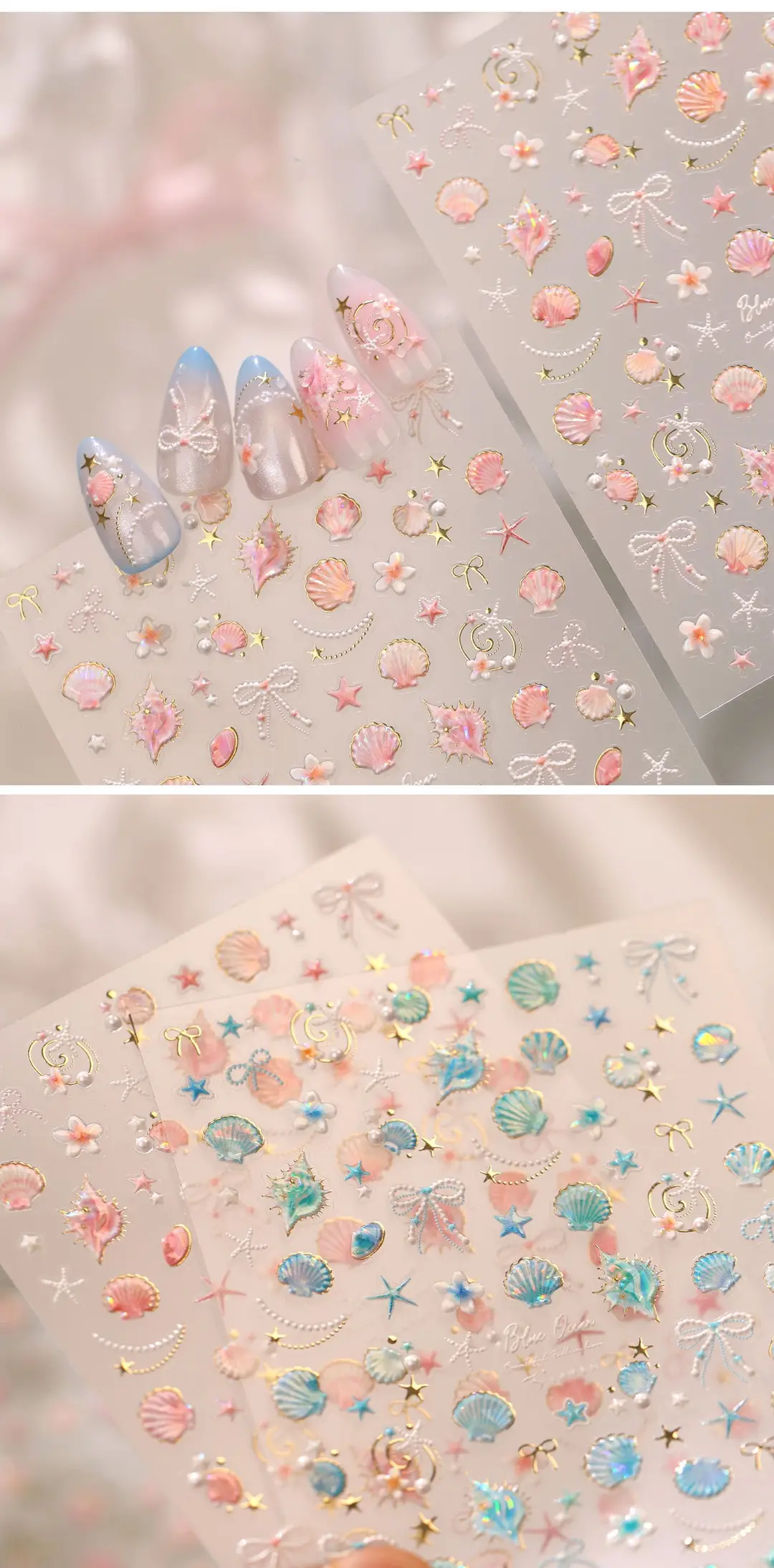 TENSOR's popular ocean pink shell nail art stickers TL-486, gentle ballet style, dazzling shell and conch designs — feature 11