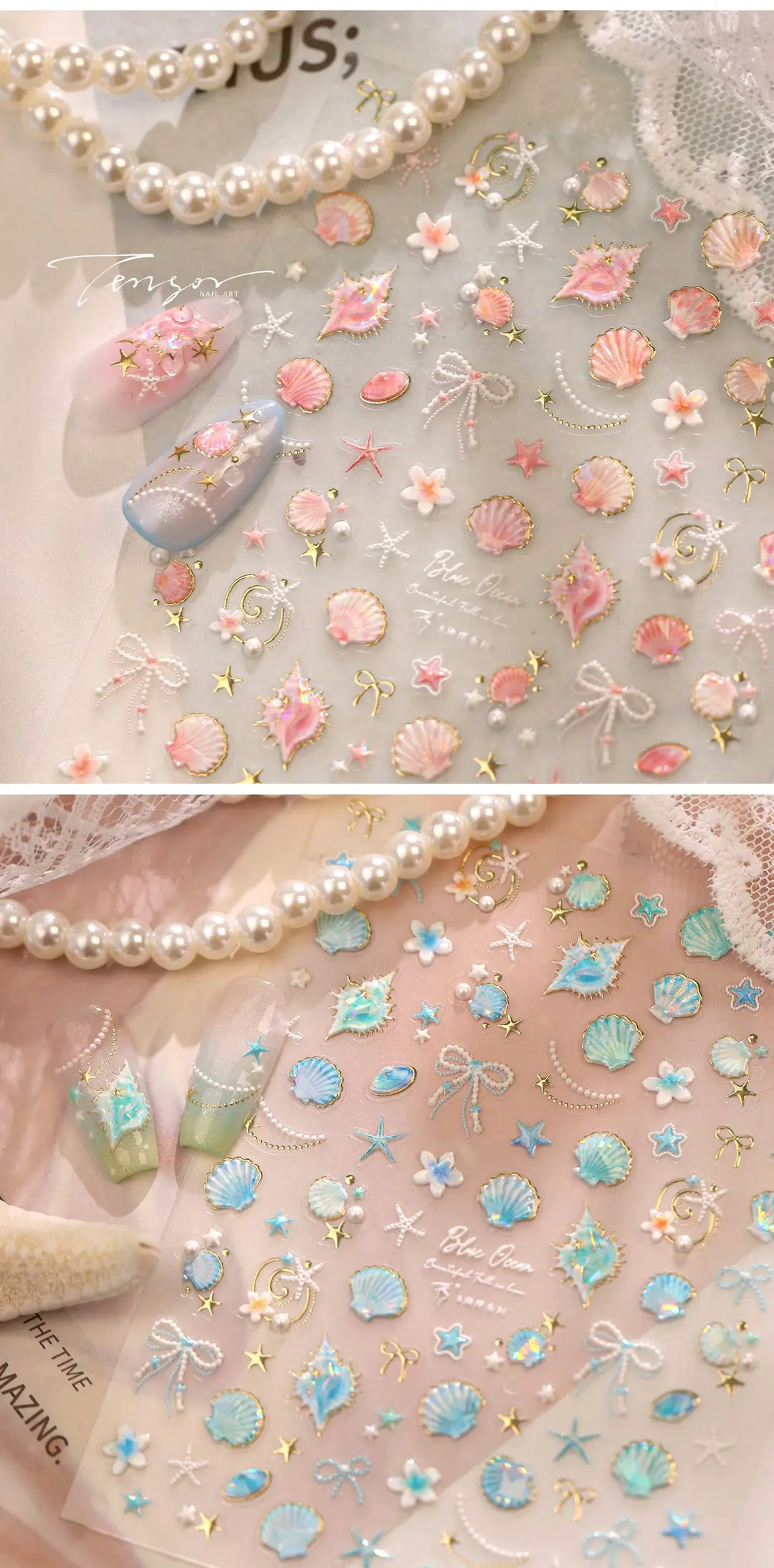 TENSOR's popular ocean pink shell nail art stickers TL-486, gentle ballet style, dazzling shell and conch designs — feature 12