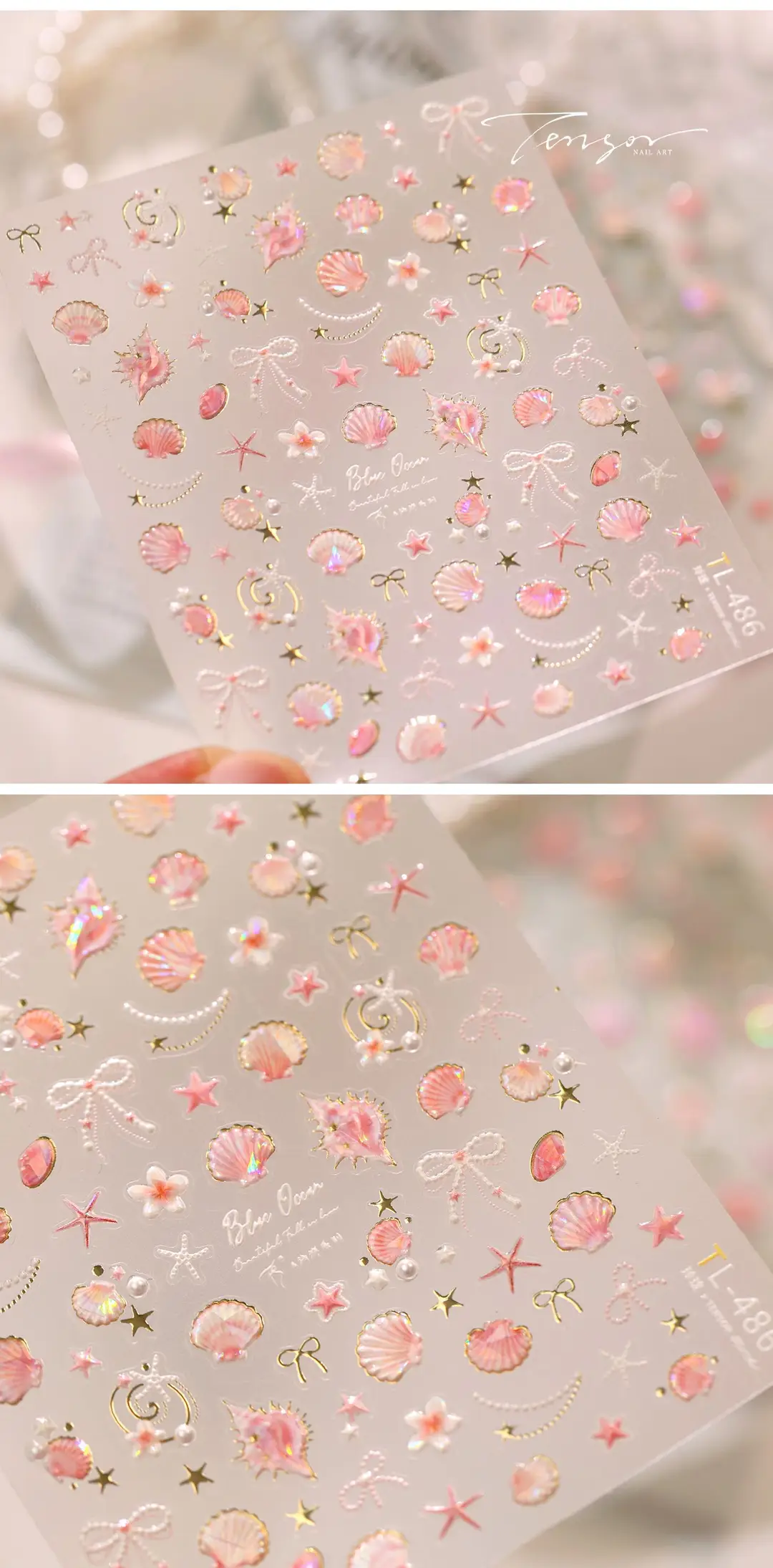 TENSOR's popular ocean pink shell nail art stickers TL-486, gentle ballet style, dazzling shell and conch designs — feature 13