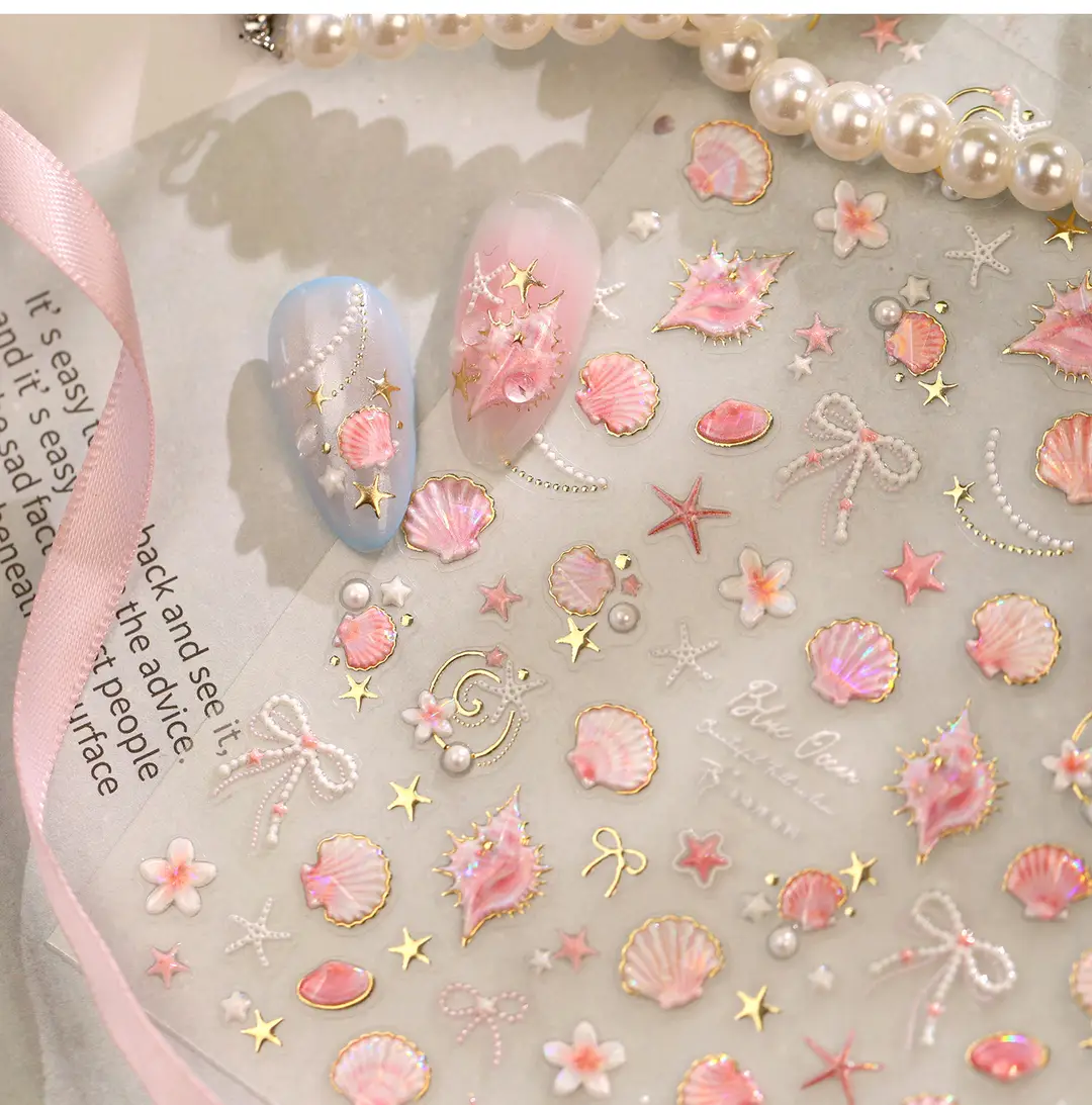 TENSOR's popular ocean pink shell nail art stickers TL-486, gentle ballet style, dazzling shell and conch designs — feature 14