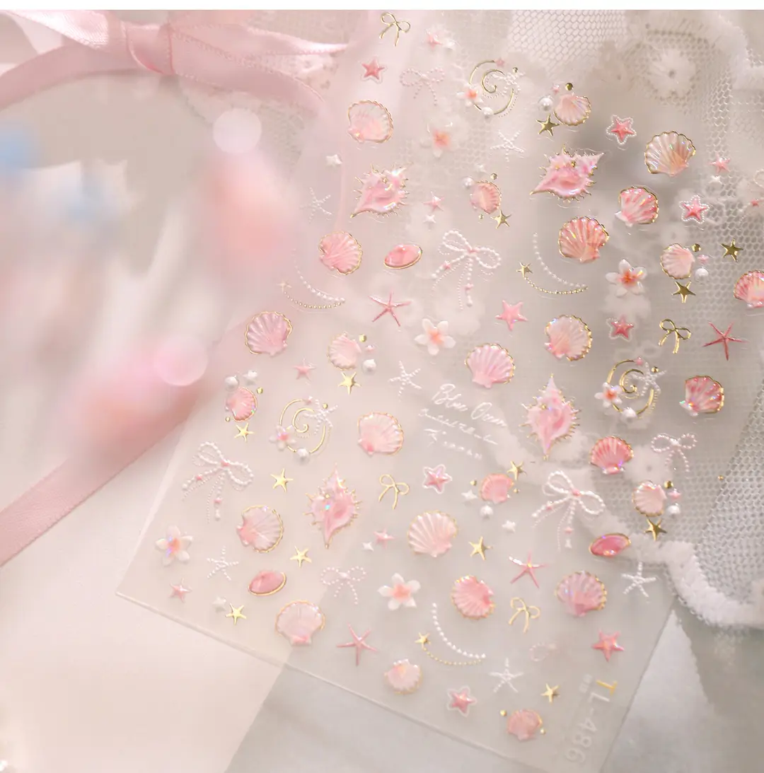 TENSOR's popular ocean pink shell nail art stickers TL-486, gentle ballet style, dazzling shell and conch designs — feature 16