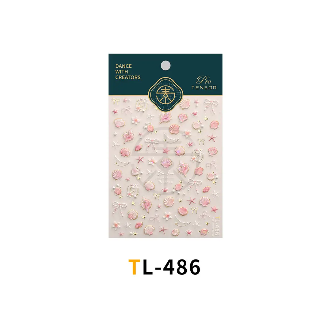 TENSOR's popular ocean pink shell nail art stickers TL-486, gentle ballet style, dazzling shell and conch designs — feature 17