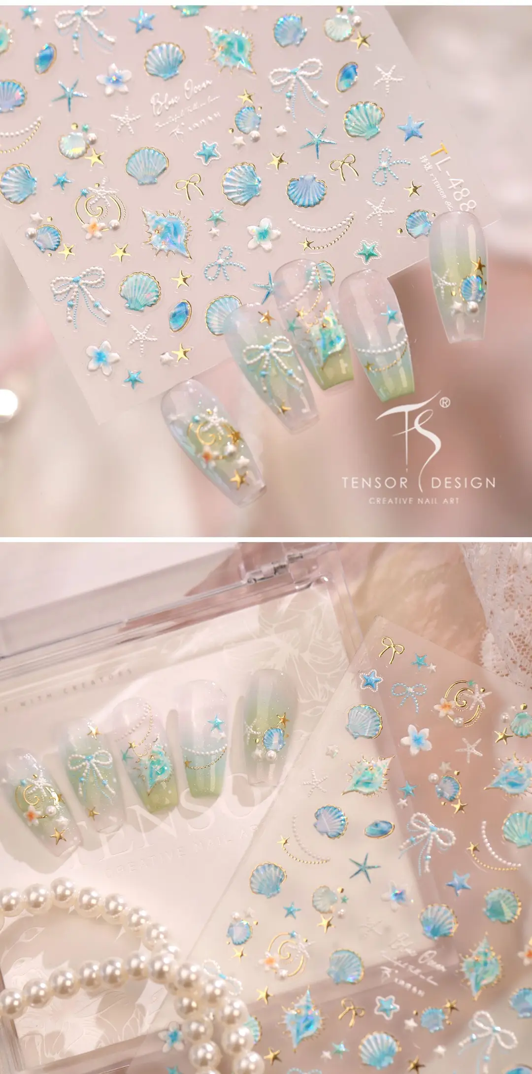 TENSOR's popular ocean pink shell nail art stickers TL-486, gentle ballet style, dazzling shell and conch designs — feature 8