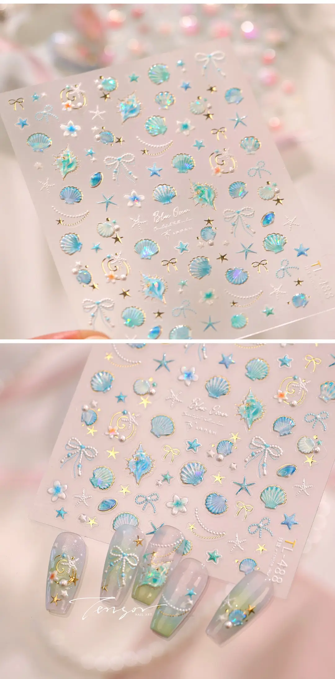 TENSOR's popular ocean pink shell nail art stickers TL-486, gentle ballet style, dazzling shell and conch designs — feature 9