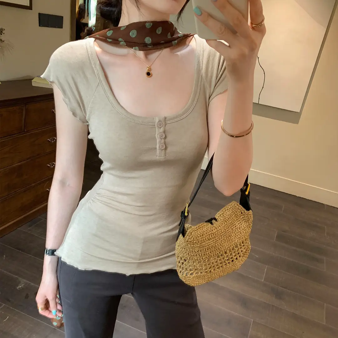 French-Style Chic U-Neck Ruffled Button Short-Sleeve T-Shirt for Women, Summer 2026 New Design, Unique Top