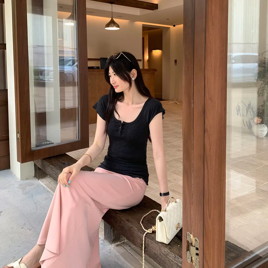 French-Style Chic U-Neck Ruffled Button Short-Sleeve T-Shirt for Women, Summer 2026 New Design, Unique Top