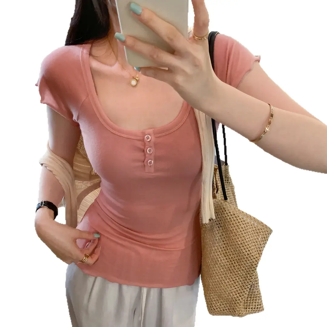 French-Style Chic U-Neck Ruffled Button Short-Sleeve T-Shirt for Women, Summer 2026 New Design, Unique Top