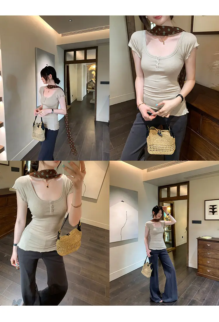 French-Style Chic U-Neck Ruffled Button Short-Sleeve T-Shirt for Women, Summer 2026 New Design, Unique Top — feature 10
