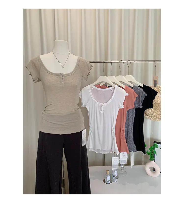 French-Style Chic U-Neck Ruffled Button Short-Sleeve T-Shirt for Women, Summer 2026 New Design, Unique Top — feature 11