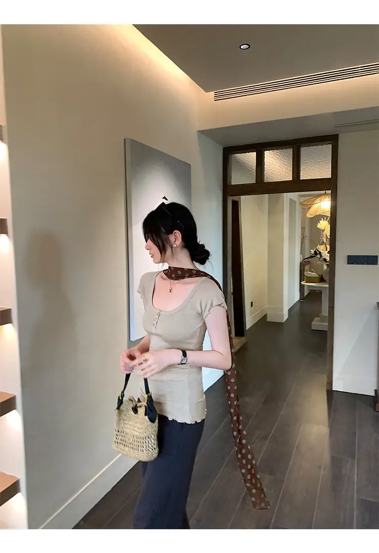 French-Style Chic U-Neck Ruffled Button Short-Sleeve T-Shirt for Women, Summer 2026 New Design, Unique Top — feature 12