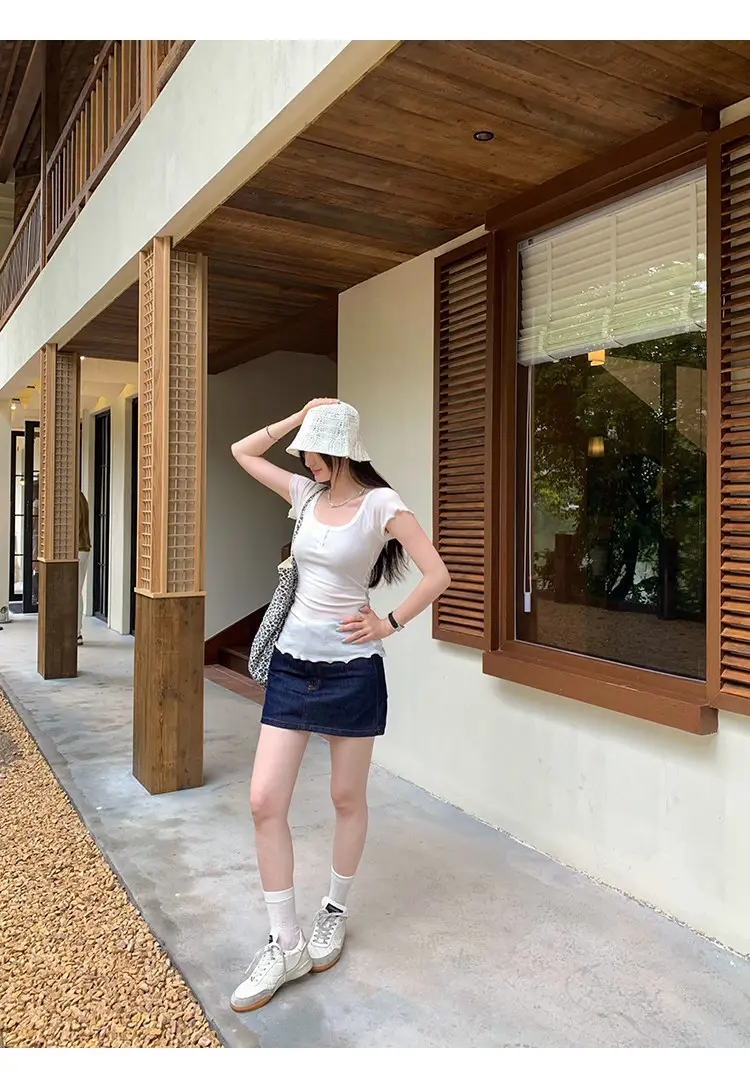 French-Style Chic U-Neck Ruffled Button Short-Sleeve T-Shirt for Women, Summer 2026 New Design, Unique Top — feature 13