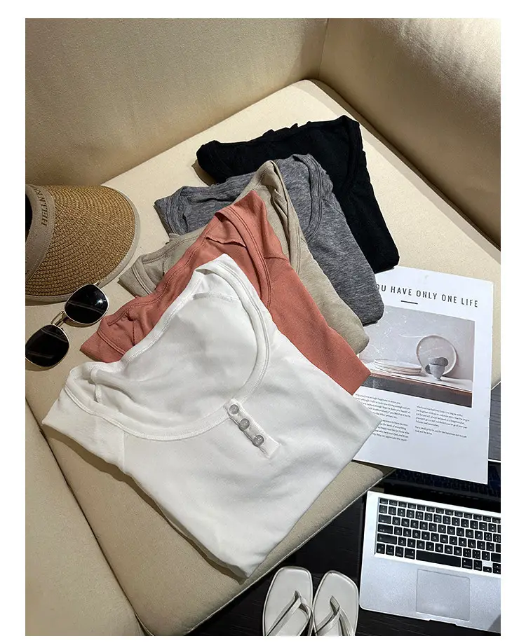 French-Style Chic U-Neck Ruffled Button Short-Sleeve T-Shirt for Women, Summer 2026 New Design, Unique Top — feature 14