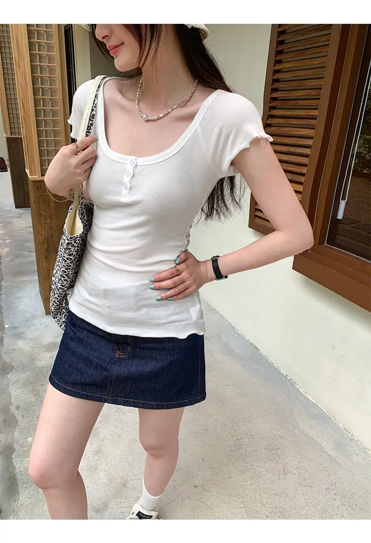 French-Style Chic U-Neck Ruffled Button Short-Sleeve T-Shirt for Women, Summer 2026 New Design, Unique Top — feature 16
