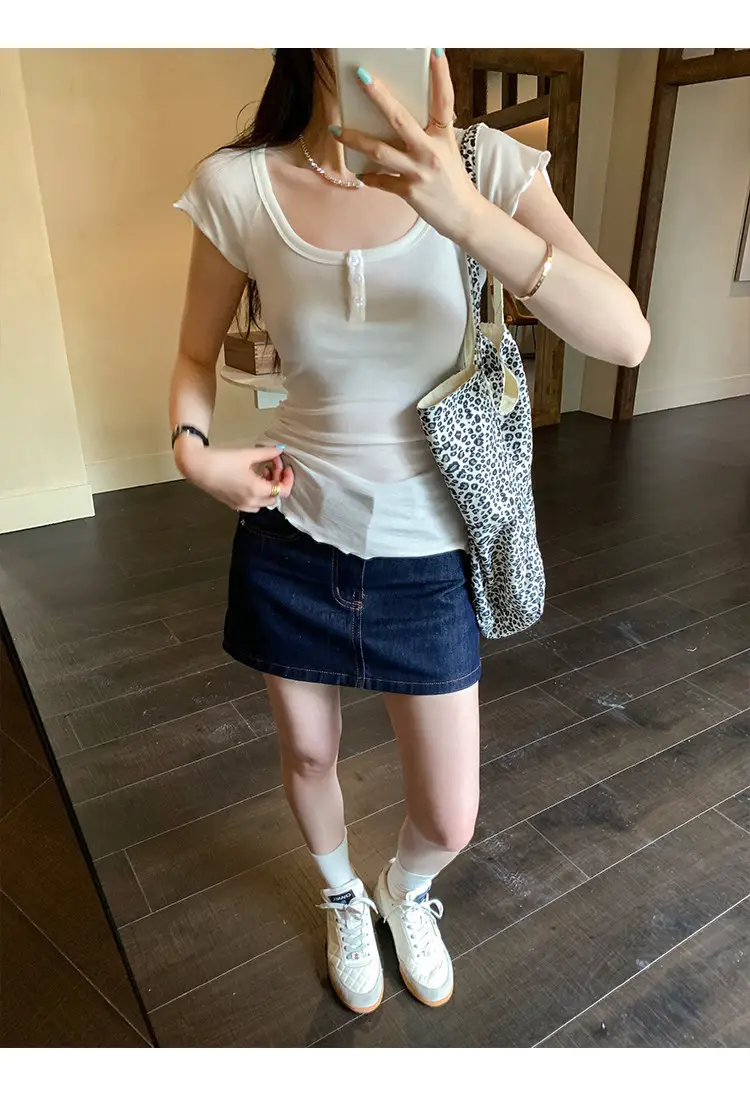 French-Style Chic U-Neck Ruffled Button Short-Sleeve T-Shirt for Women, Summer 2026 New Design, Unique Top — feature 17