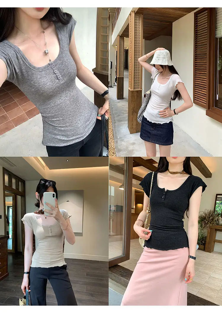 French-Style Chic U-Neck Ruffled Button Short-Sleeve T-Shirt for Women, Summer 2026 New Design, Unique Top — feature 18