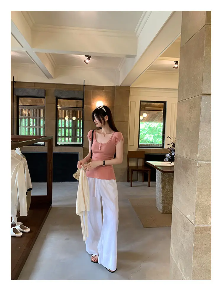 French-Style Chic U-Neck Ruffled Button Short-Sleeve T-Shirt for Women, Summer 2026 New Design, Unique Top — feature 19