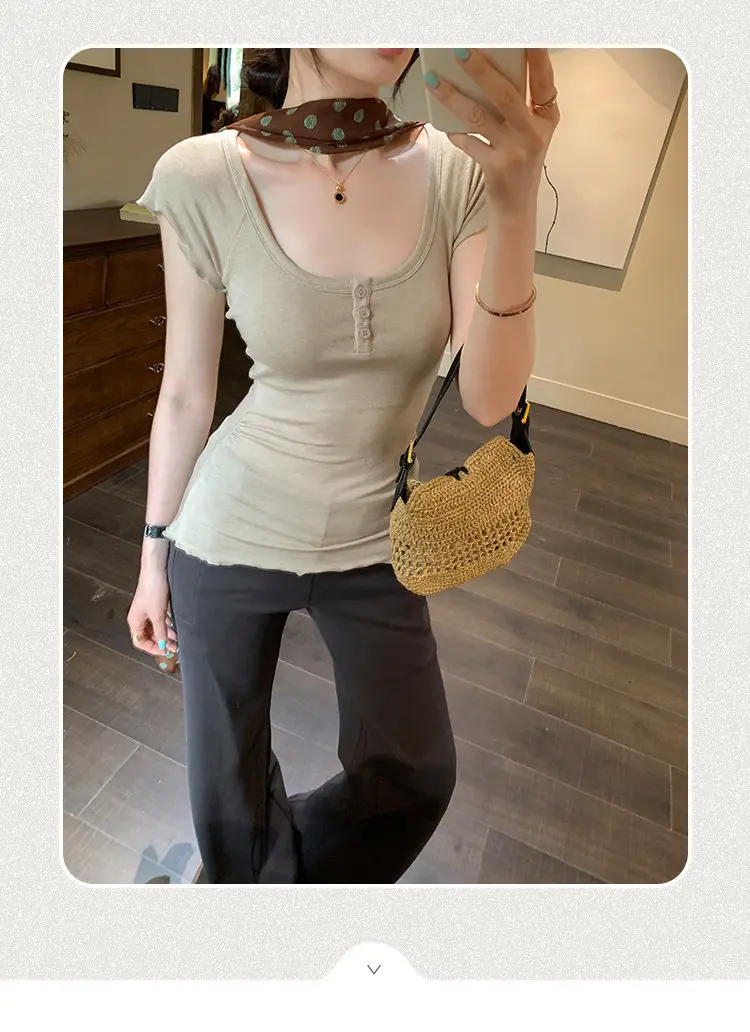 French-Style Chic U-Neck Ruffled Button Short-Sleeve T-Shirt for Women, Summer 2026 New Design, Unique Top — feature 2