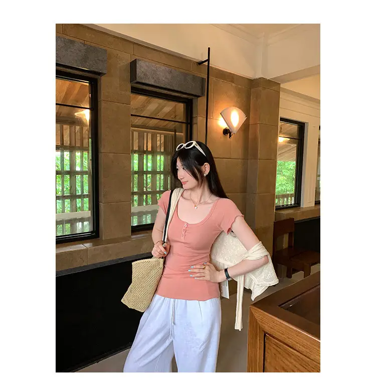 French-Style Chic U-Neck Ruffled Button Short-Sleeve T-Shirt for Women, Summer 2026 New Design, Unique Top — feature 20
