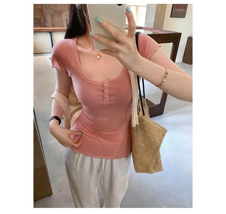 French-Style Chic U-Neck Ruffled Button Short-Sleeve T-Shirt for Women, Summer 2026 New Design, Unique Top — feature 21
