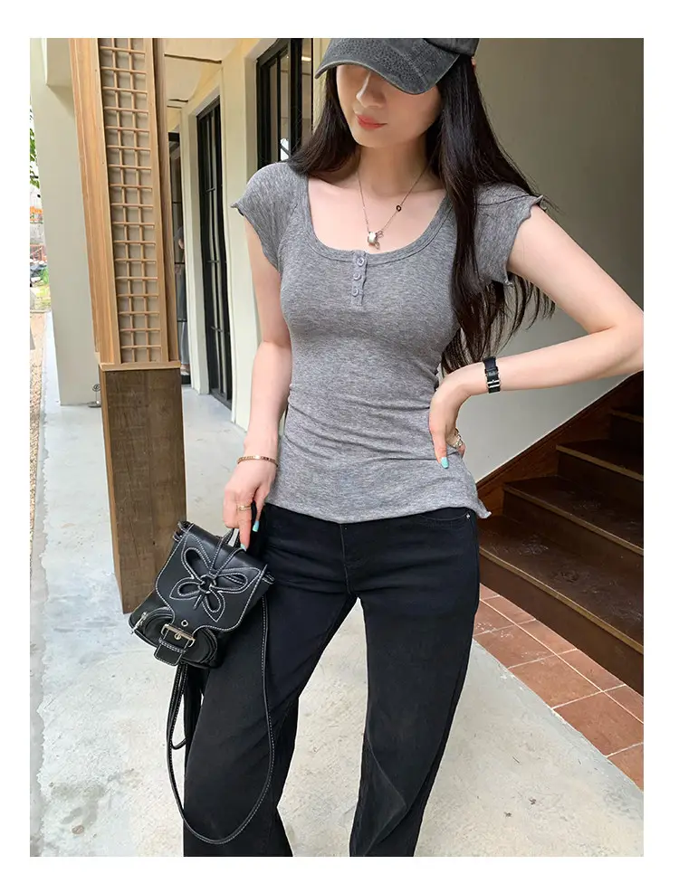 French-Style Chic U-Neck Ruffled Button Short-Sleeve T-Shirt for Women, Summer 2026 New Design, Unique Top — feature 23