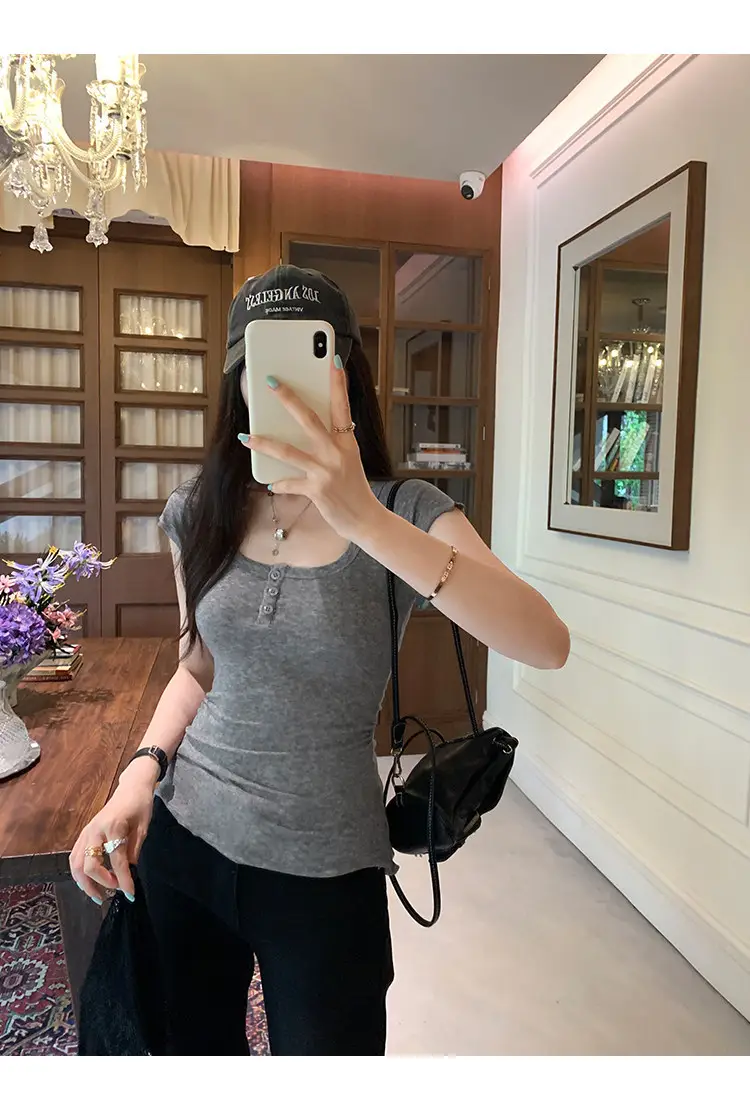 French-Style Chic U-Neck Ruffled Button Short-Sleeve T-Shirt for Women, Summer 2026 New Design, Unique Top — feature 25