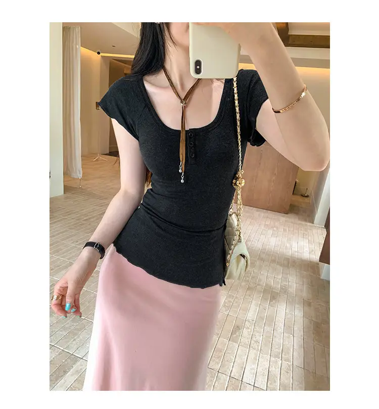 French-Style Chic U-Neck Ruffled Button Short-Sleeve T-Shirt for Women, Summer 2026 New Design, Unique Top — feature 26