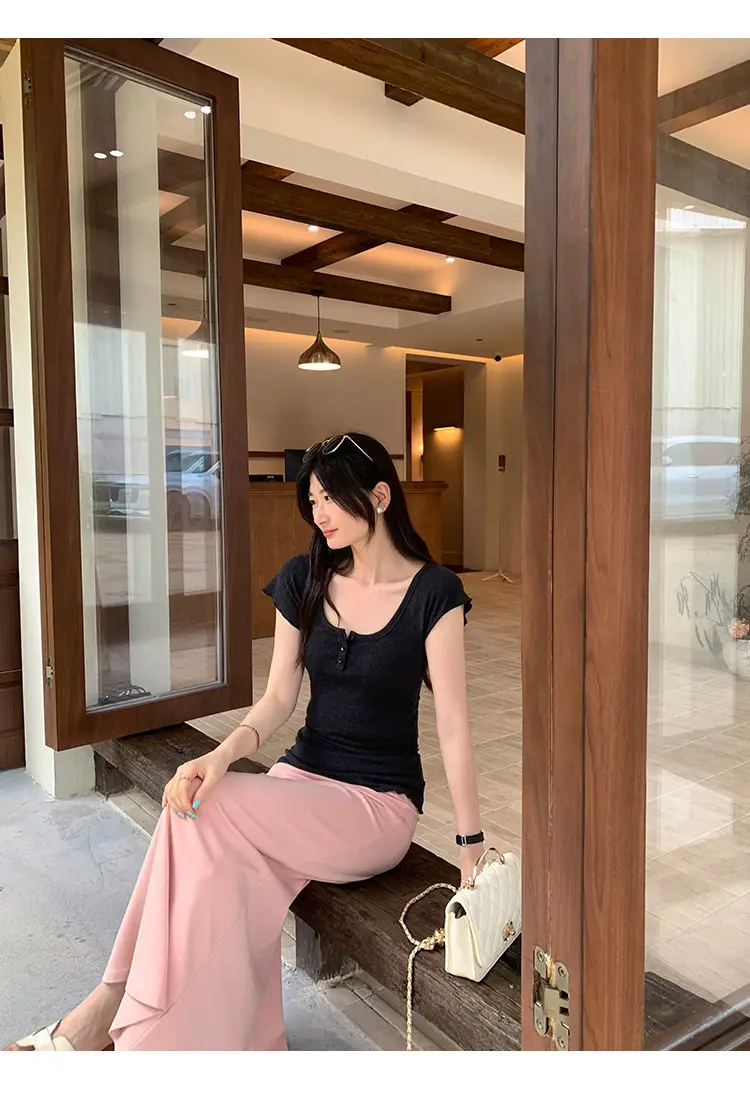 French-Style Chic U-Neck Ruffled Button Short-Sleeve T-Shirt for Women, Summer 2026 New Design, Unique Top — feature 28