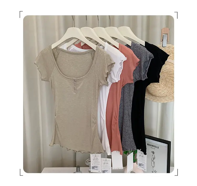 French-Style Chic U-Neck Ruffled Button Short-Sleeve T-Shirt for Women, Summer 2026 New Design, Unique Top — feature 3