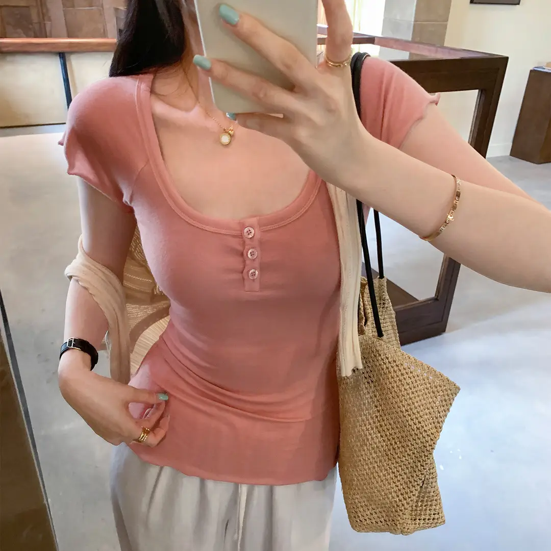 French-Style Chic U-Neck Ruffled Button Short-Sleeve T-Shirt for Women, Summer 2026 New Design, Unique Top