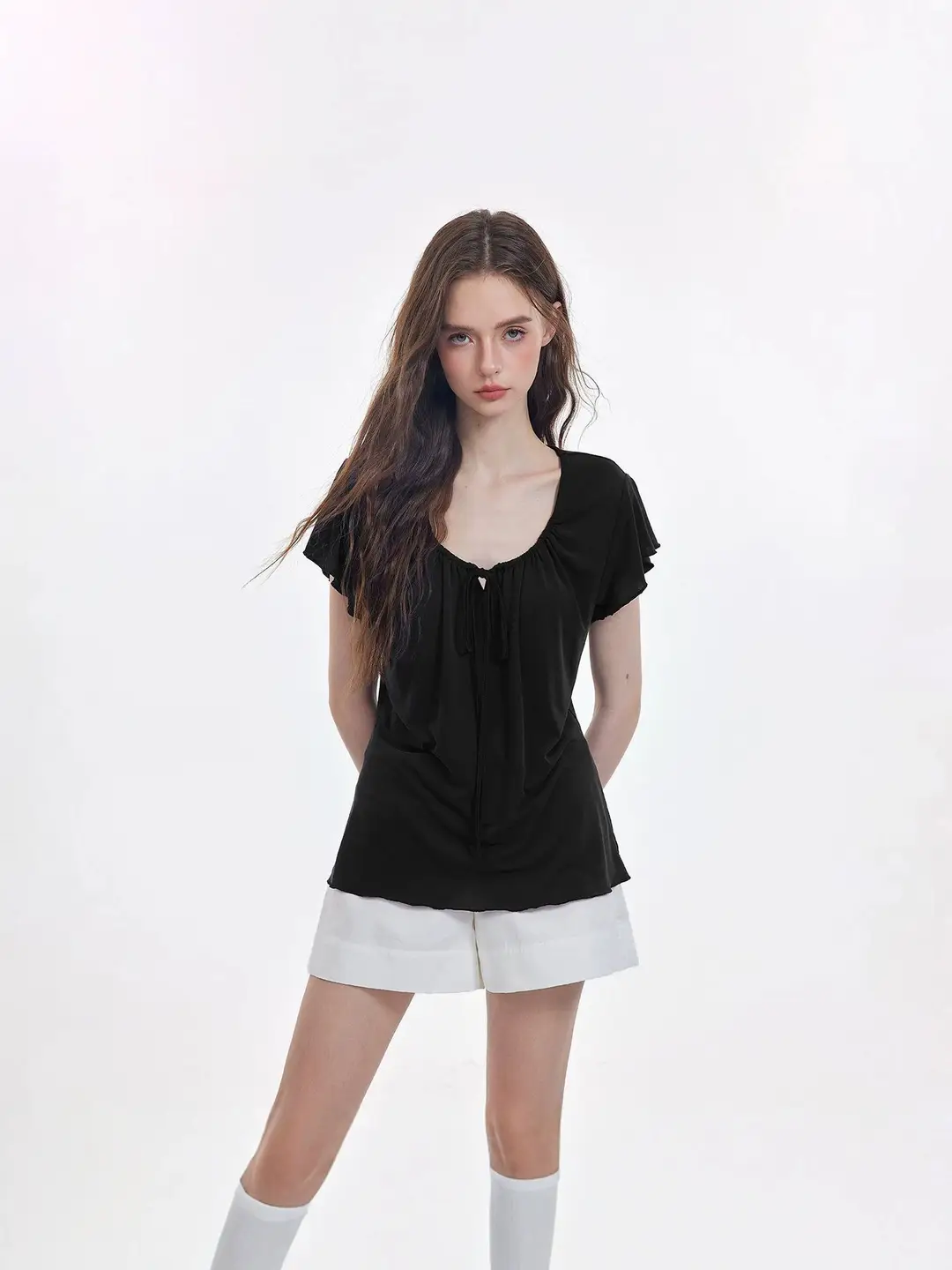 Korean-Style New Design with a Gentle and Relaxed Feel, Bow Tie Waist-Cinching Slim-Fit Short-Sleeve T-Shirt Top