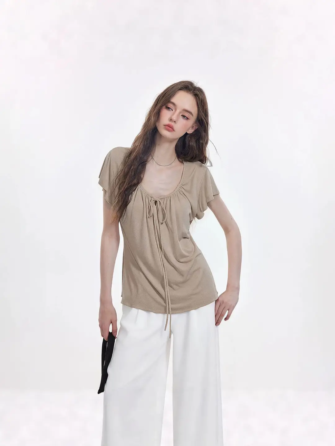 Korean-Style New Design with a Gentle and Relaxed Feel, Bow Tie Waist-Cinching Slim-Fit Short-Sleeve T-Shirt Top