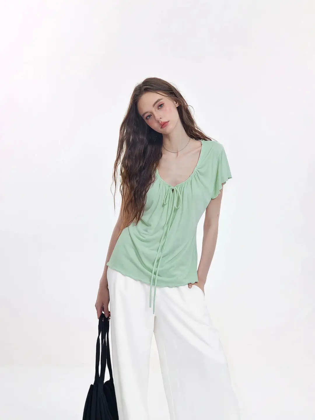 Korean-Style New Design with a Gentle and Relaxed Feel, Bow Tie Waist-Cinching Slim-Fit Short-Sleeve T-Shirt Top