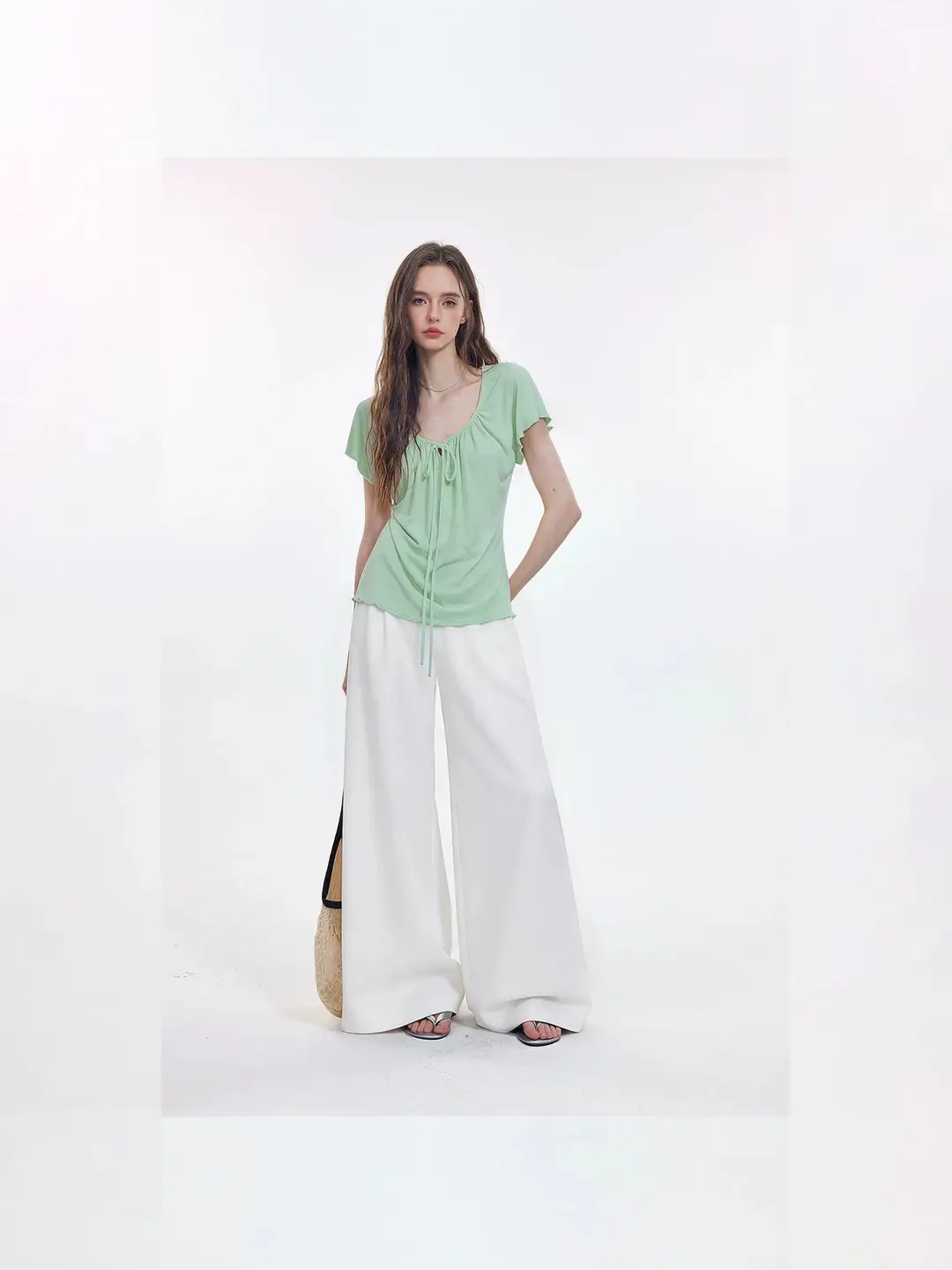 Korean-Style New Design with a Gentle and Relaxed Feel, Bow Tie Waist-Cinching Slim-Fit Short-Sleeve T-Shirt Top