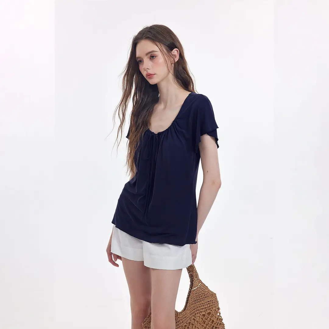 Korean-Style New Design with a Gentle and Relaxed Feel, Bow Tie Waist-Cinching Slim-Fit Short-Sleeve T-Shirt Top — feature 10