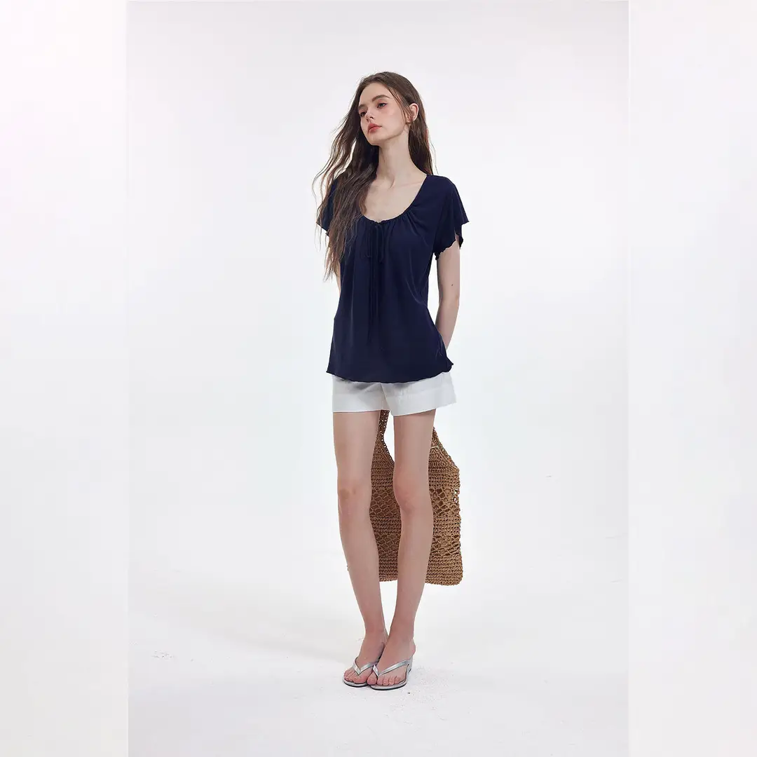 Korean-Style New Design with a Gentle and Relaxed Feel, Bow Tie Waist-Cinching Slim-Fit Short-Sleeve T-Shirt Top — feature 11