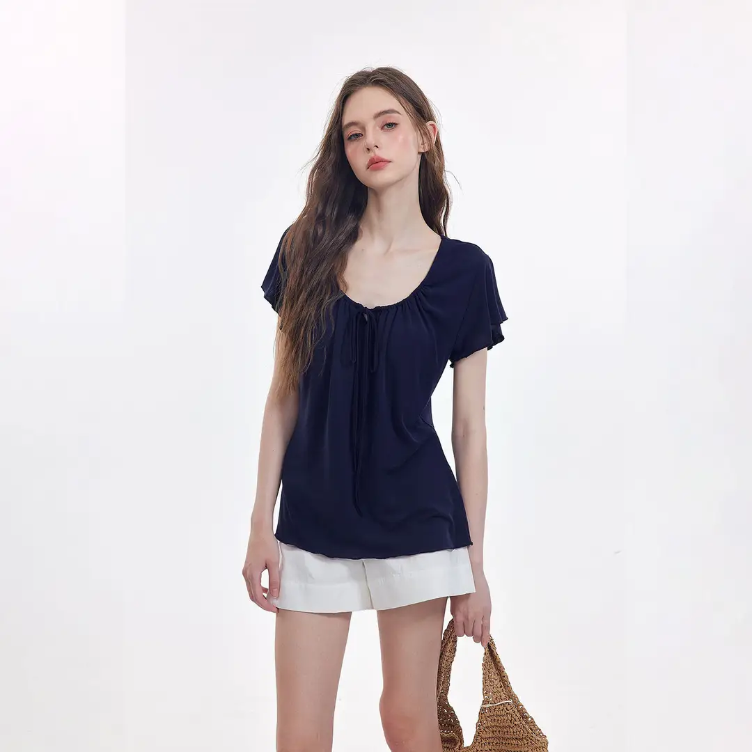 Korean-Style New Design with a Gentle and Relaxed Feel, Bow Tie Waist-Cinching Slim-Fit Short-Sleeve T-Shirt Top — feature 13