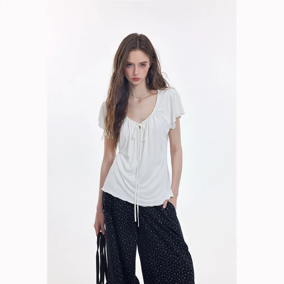 Korean-Style New Design with a Gentle and Relaxed Feel, Bow Tie Waist-Cinching Slim-Fit Short-Sleeve T-Shirt Top — feature 16