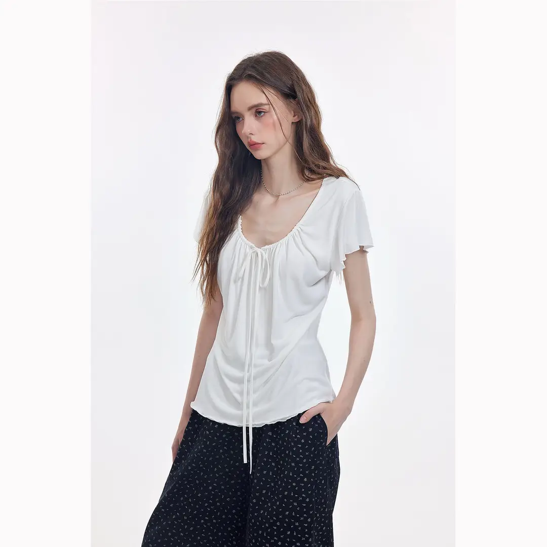 Korean-Style New Design with a Gentle and Relaxed Feel, Bow Tie Waist-Cinching Slim-Fit Short-Sleeve T-Shirt Top — feature 17