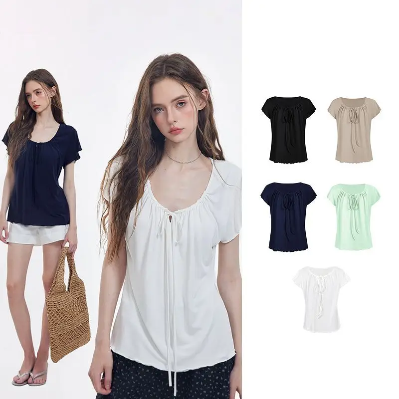Korean-Style New Design with a Gentle and Relaxed Feel, Bow Tie Waist-Cinching Slim-Fit Short-Sleeve T-Shirt Top — feature 2